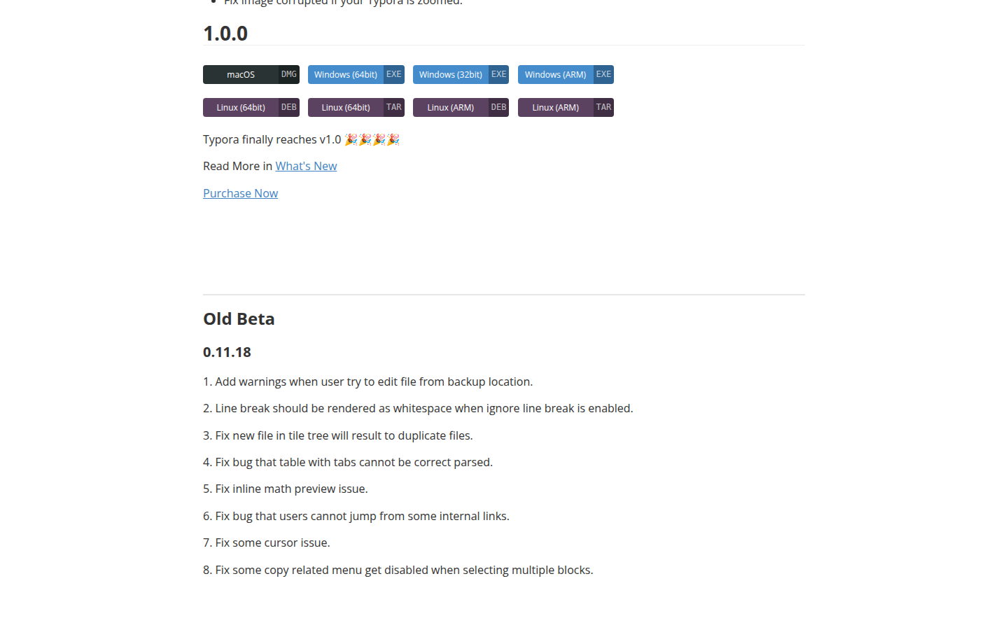 Typora dev release 页面 Old Beta 截图（2026-04-13）