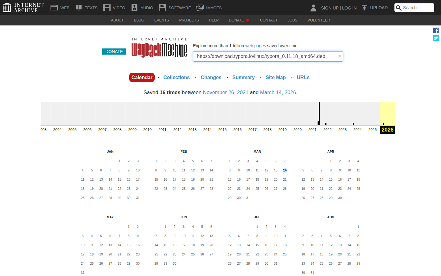 Wayback 上 Typora 0.11.18 官方 deb 归档页截图（2026-04-13）